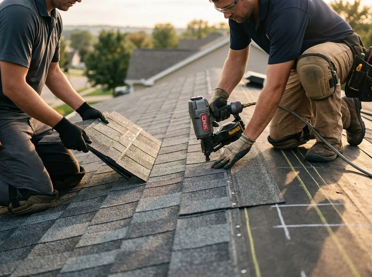 Professional roofer working on a residential roof in Long Hill